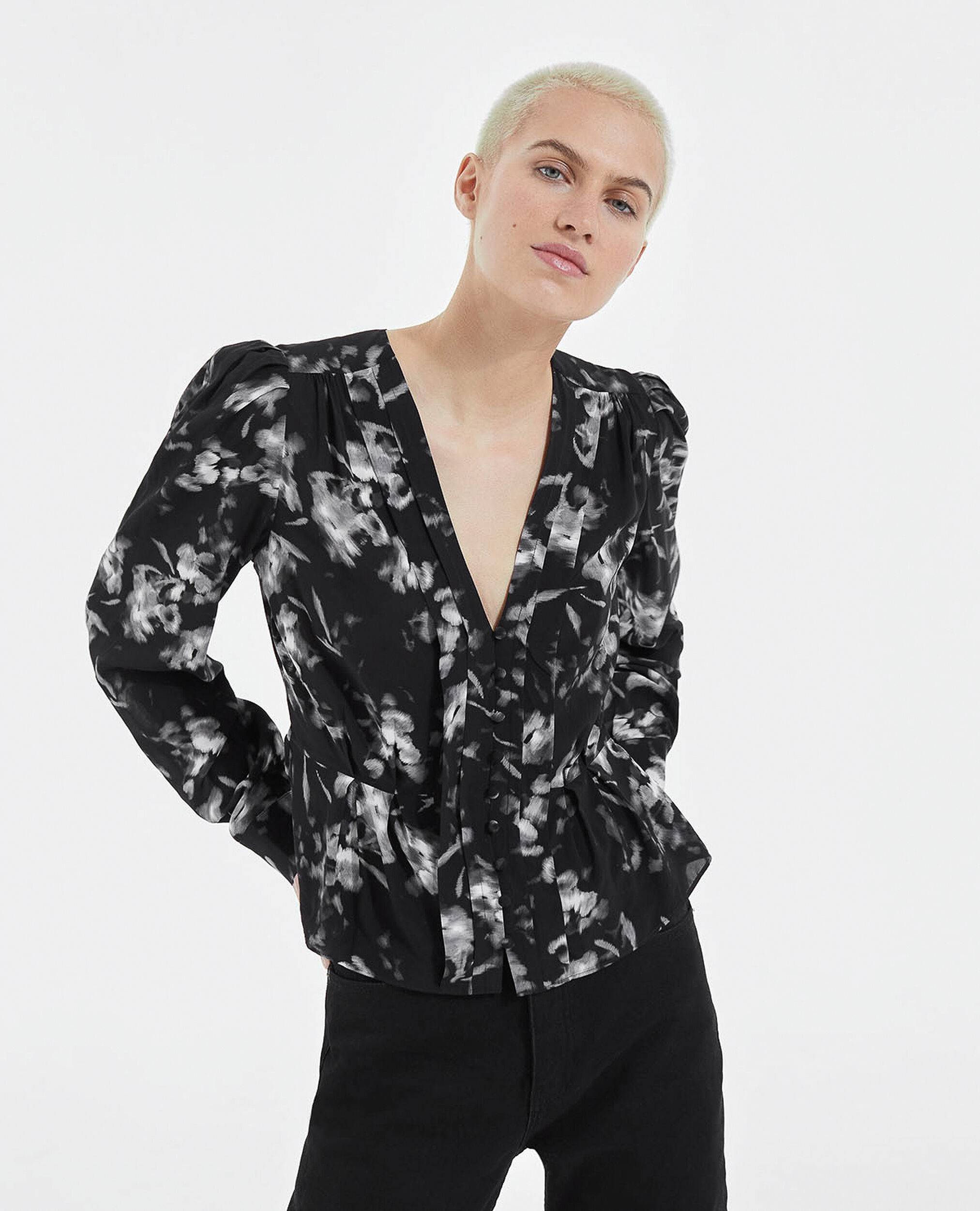 Flowing black top w/ pleating and floral motif, BLACK WHITE, hi-res image number null