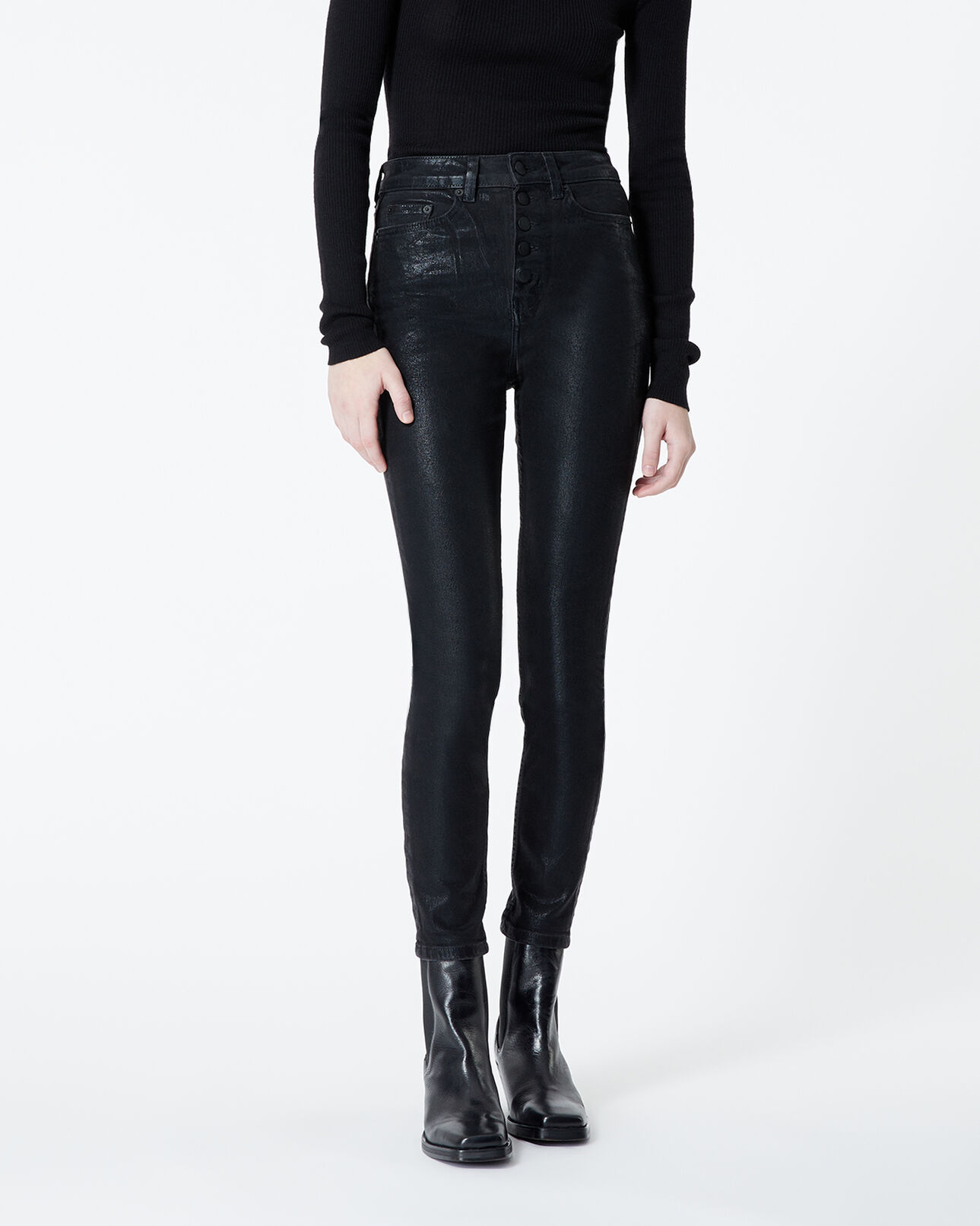 The Kooples FEMME BLACK jean noir enduit à boutons apparents