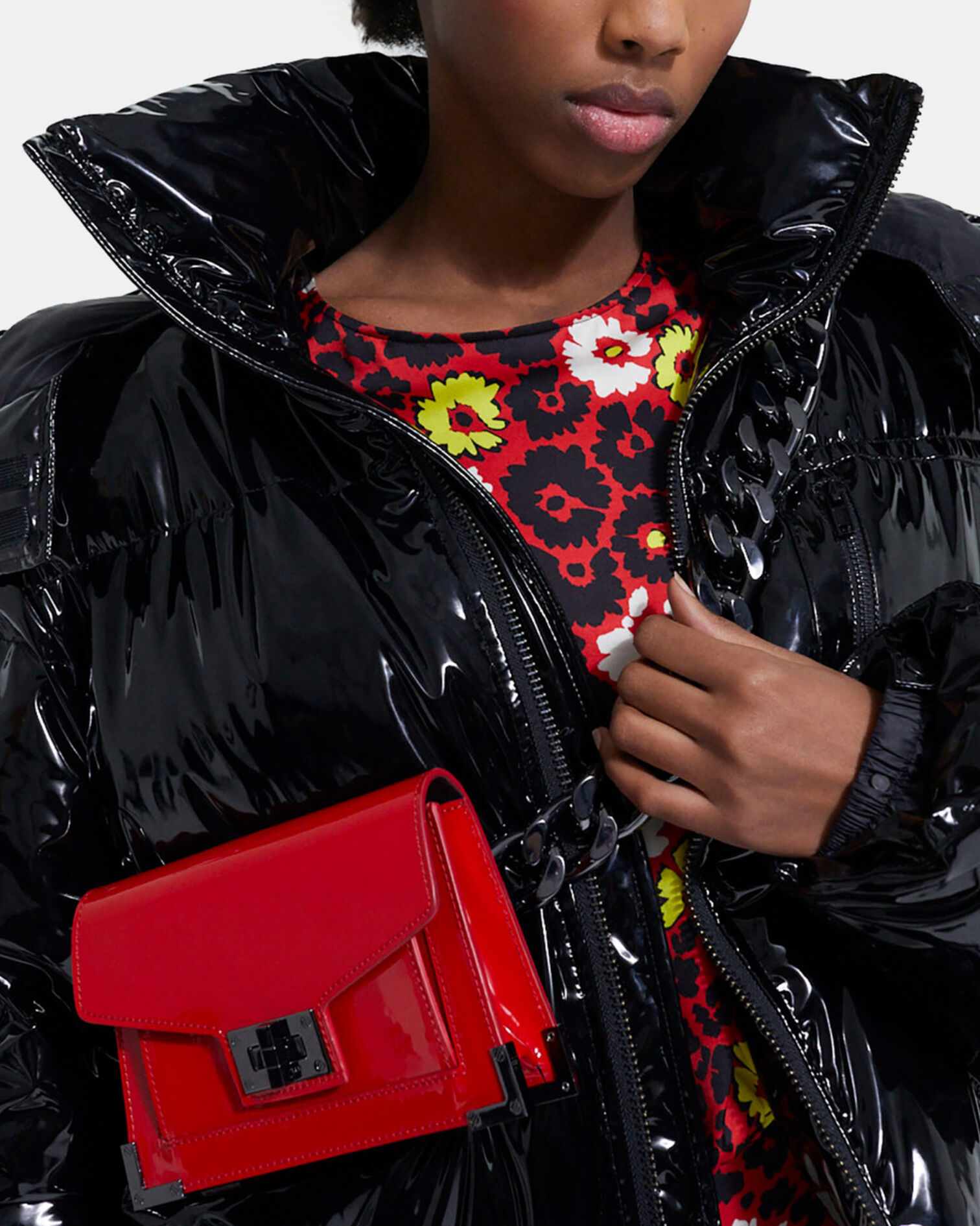 Black oversized vinyl down jacket with straps and logo, BLACK, hi-res image number null