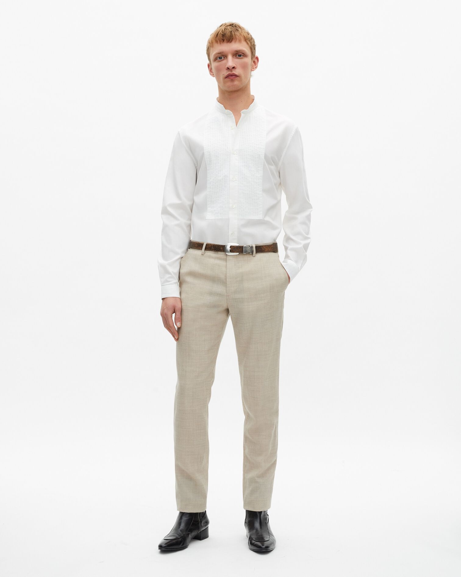 Pantalon de costume en laine coupe ajustée beige, BEIGE, hi-res image number null