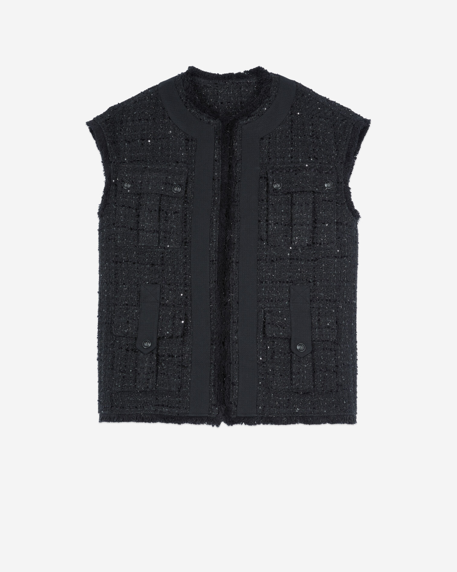 Black tweed sleeveless jacket, BLACK, hi-res image number null