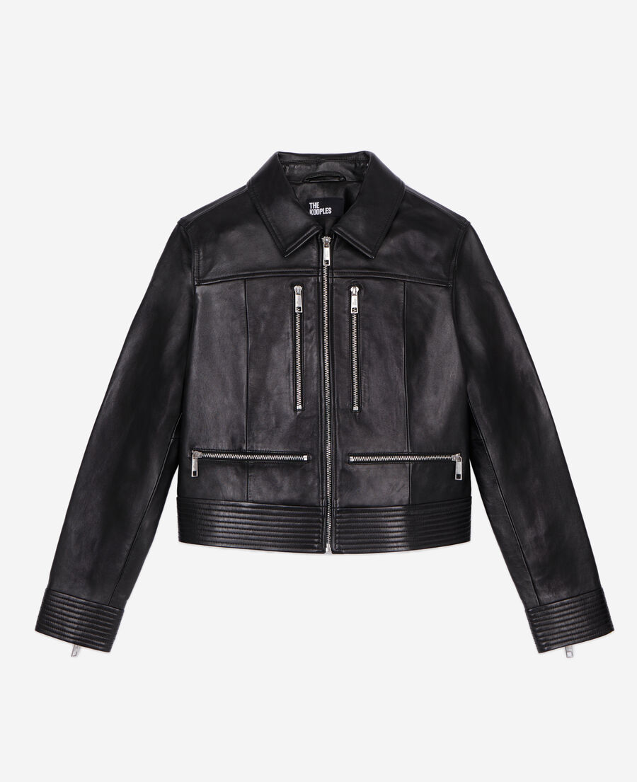 black leather biker jacket with zipper