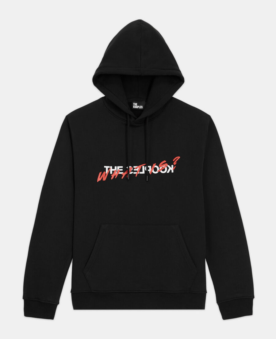 black sweatshirt with what is screen print