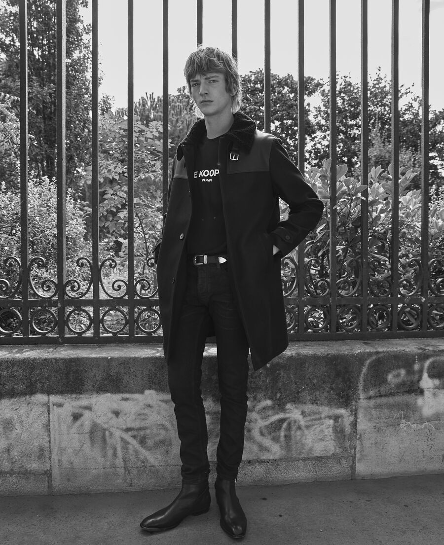black wool coat with shearling collar