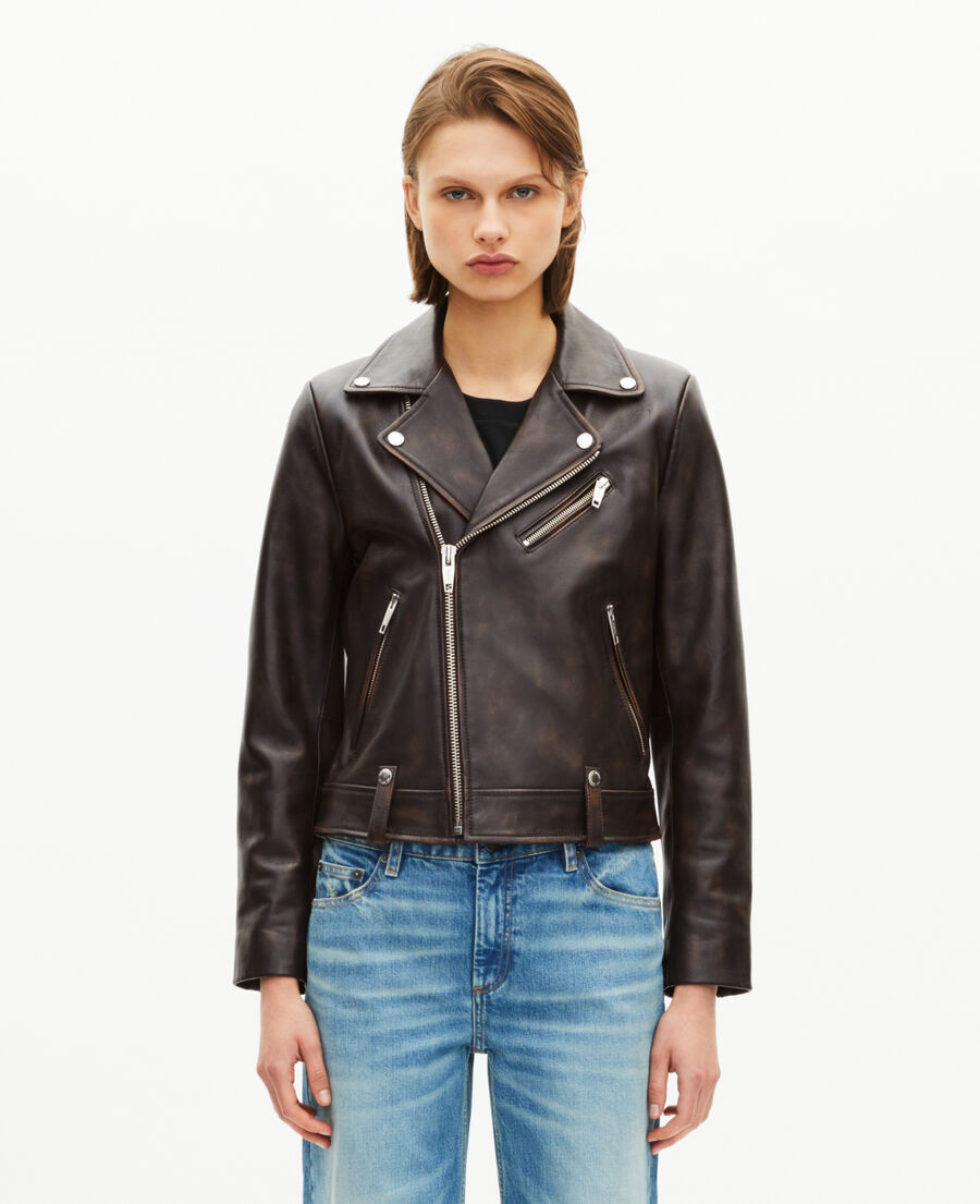 The Kooples FEMME BROWN blouson motard en cuir marron