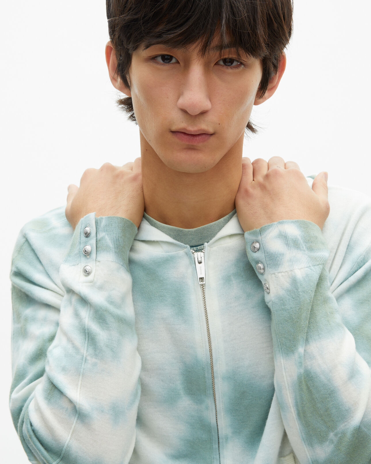 The Kooples HOMME KAKI / WHITE cardigan en laine mérinos tie and dye kaki