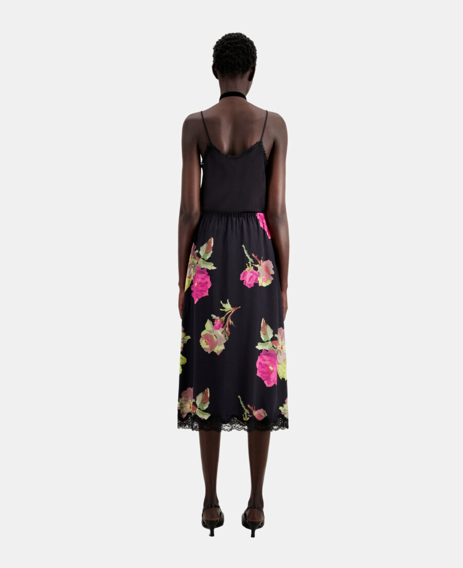 The Kooples WOMEN PINK BLACK long printed silk skirt with lace