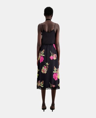 The Kooples WOMEN PINK BLACK long printed silk skirt with lace