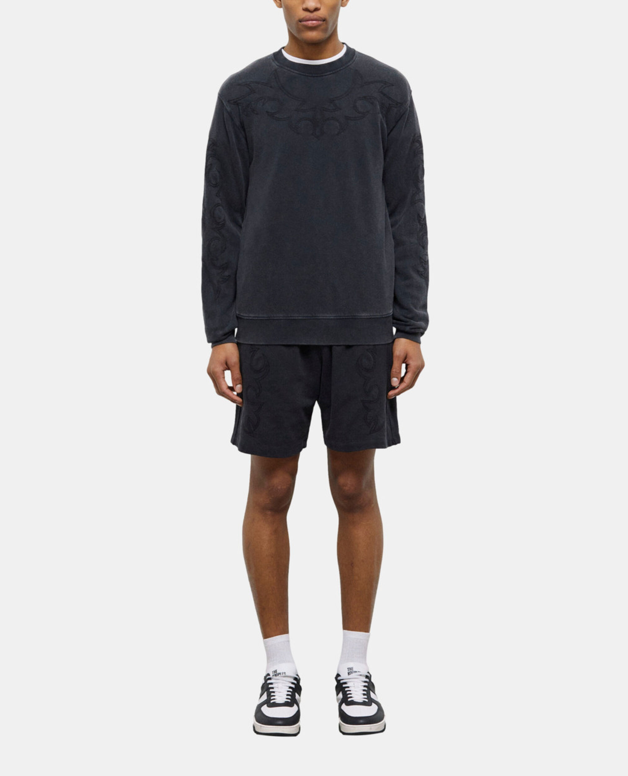 Black sweatshirt with Western-style embroidery, BLACK WASHED, hi-res image number null