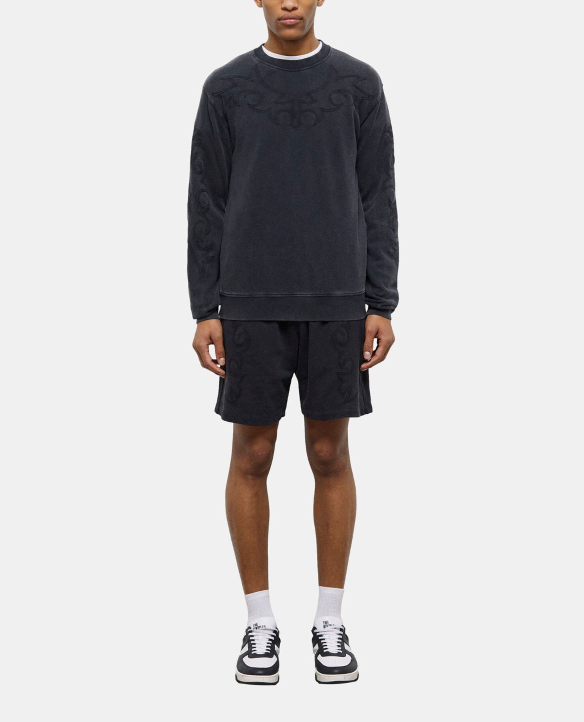 Black sweatshirt with Western-style embroidery, BLACK WASHED, hi-res image number null