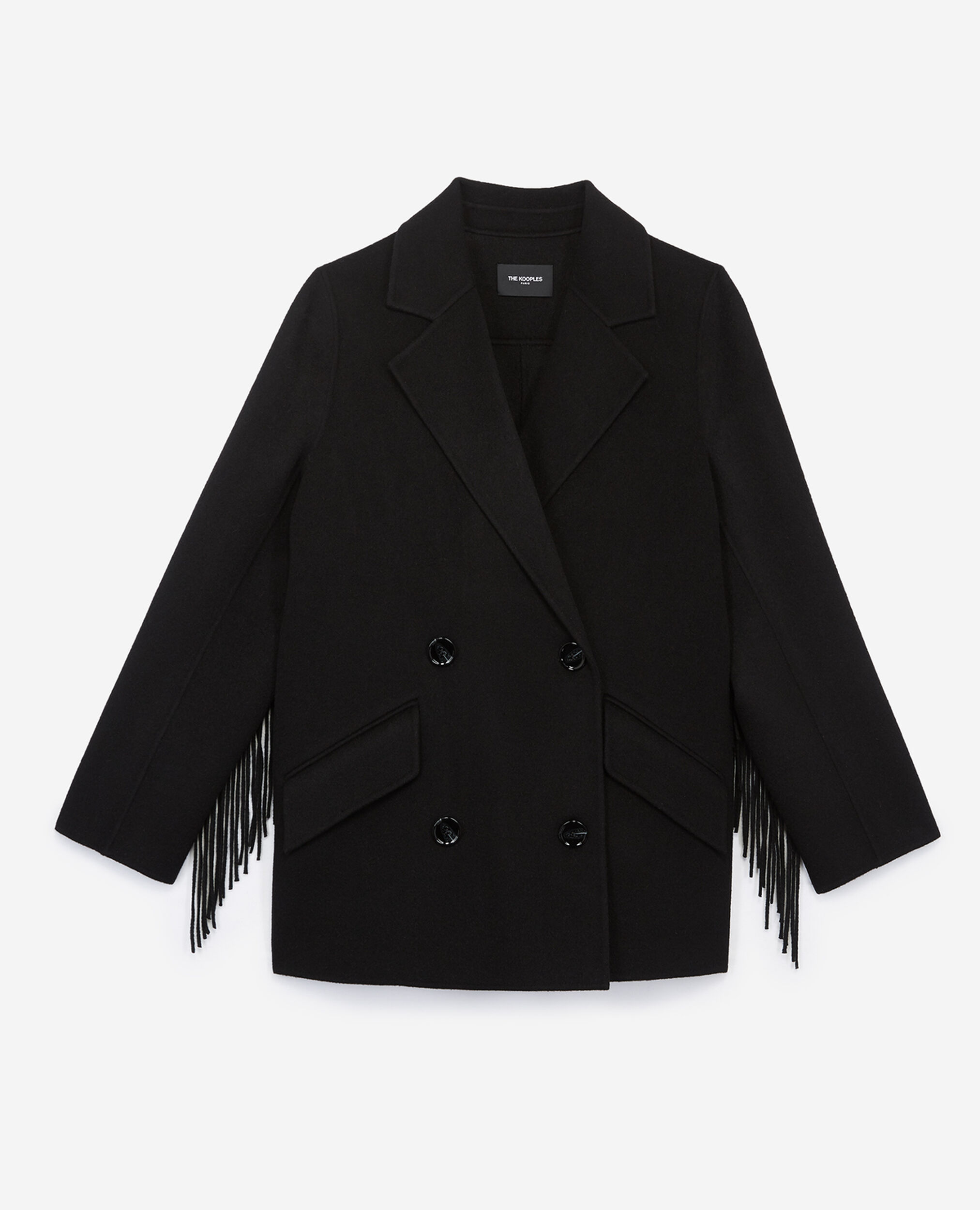 Abrigo negro corto de lana con flecos, BLACK, hi-res image number null