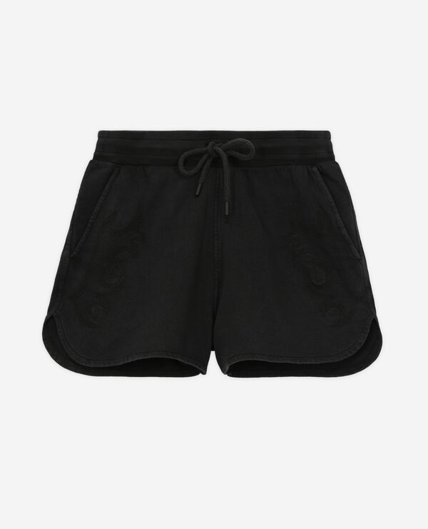 black fleece shorts with western-style embroidery