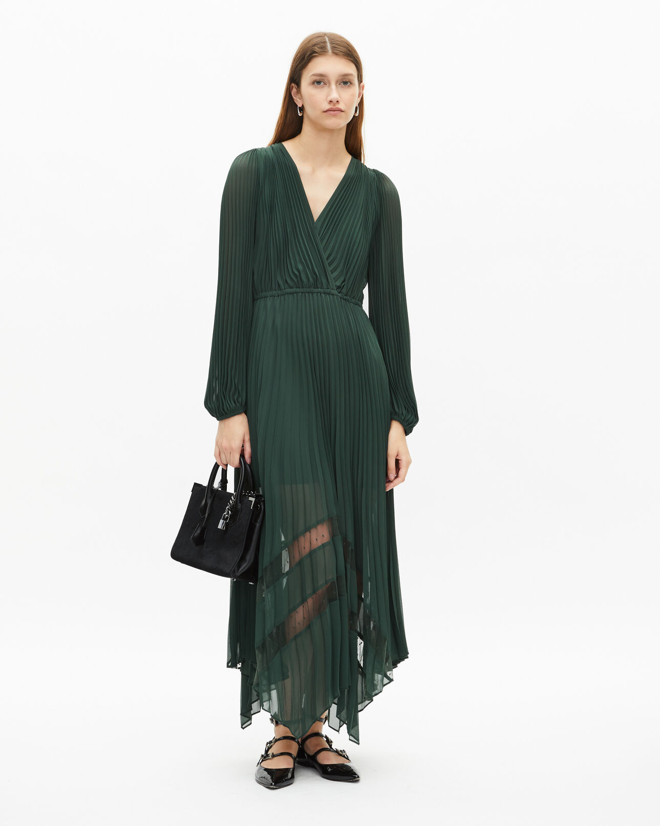 The Kooples WOMEN WOOD KAKI green pleated long dress