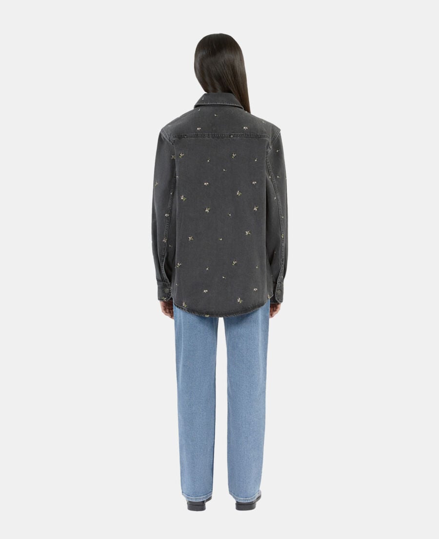 The Kooples WOMEN GREY grey denim overshirt with floral embroidery