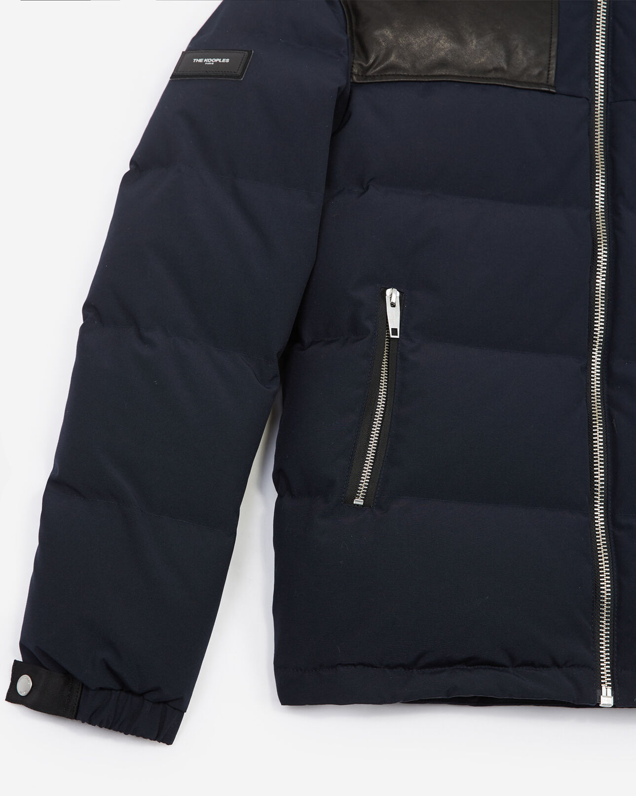 The Kooples HOMME NAVY / BLACK doudoune avec col en cuir et capuche fourree