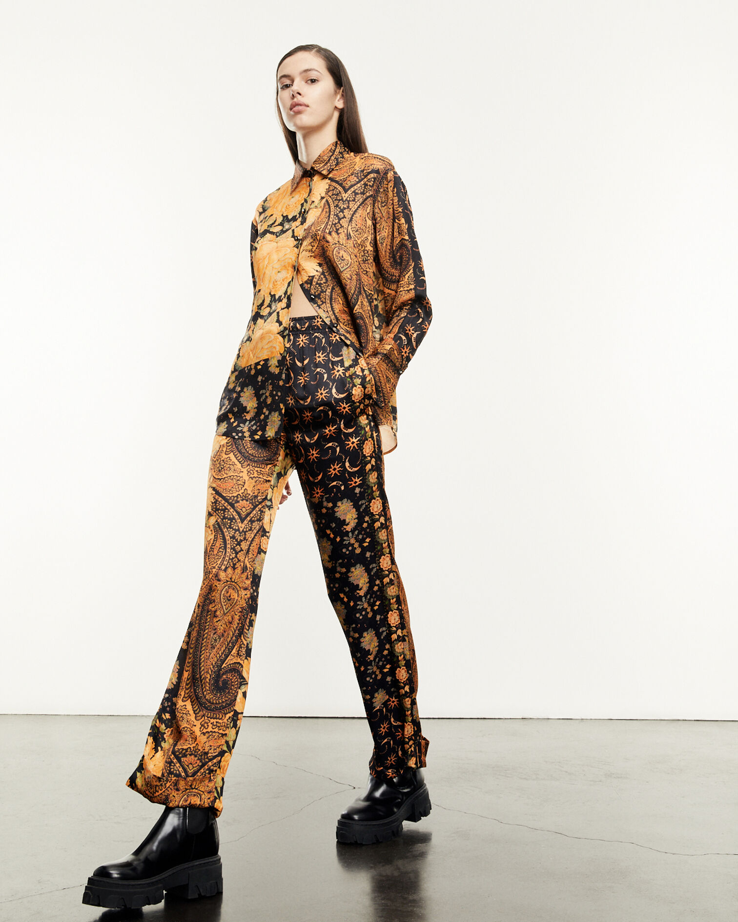 Flowing black and orange printed pants, BLACK-ORANGE, hi-res image number null