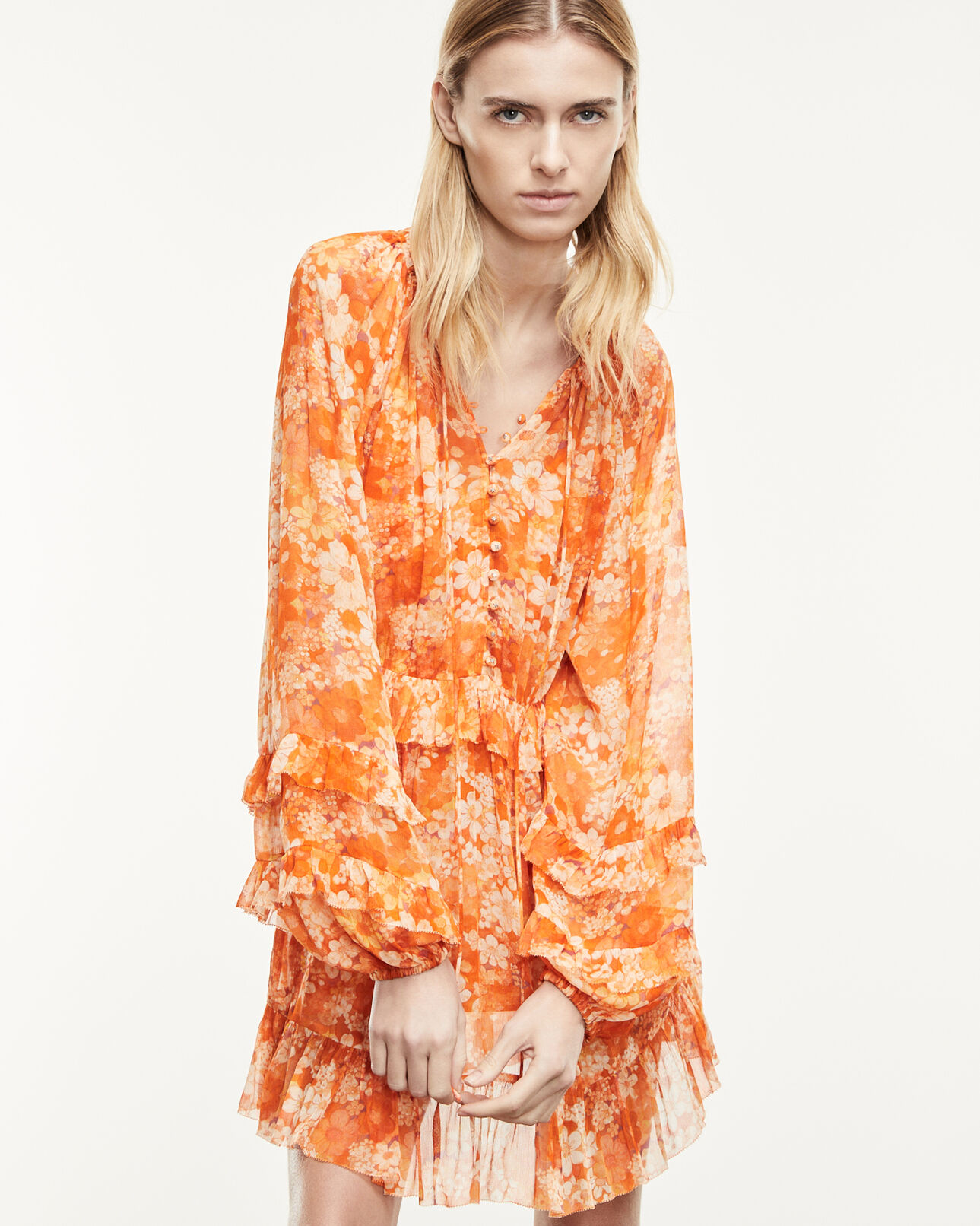 The Kooples FEMME ORANGE robe courte orange à imprimé fleuri