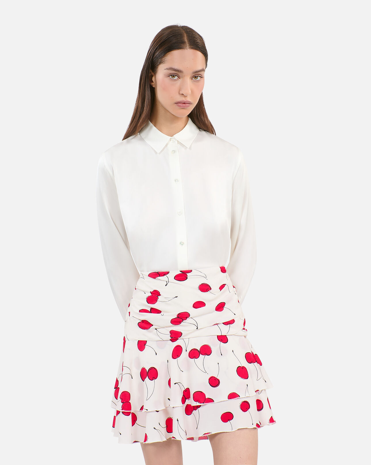 The Kooples FEMME ECRU RED jupe courte drapée avec imprimé cerise