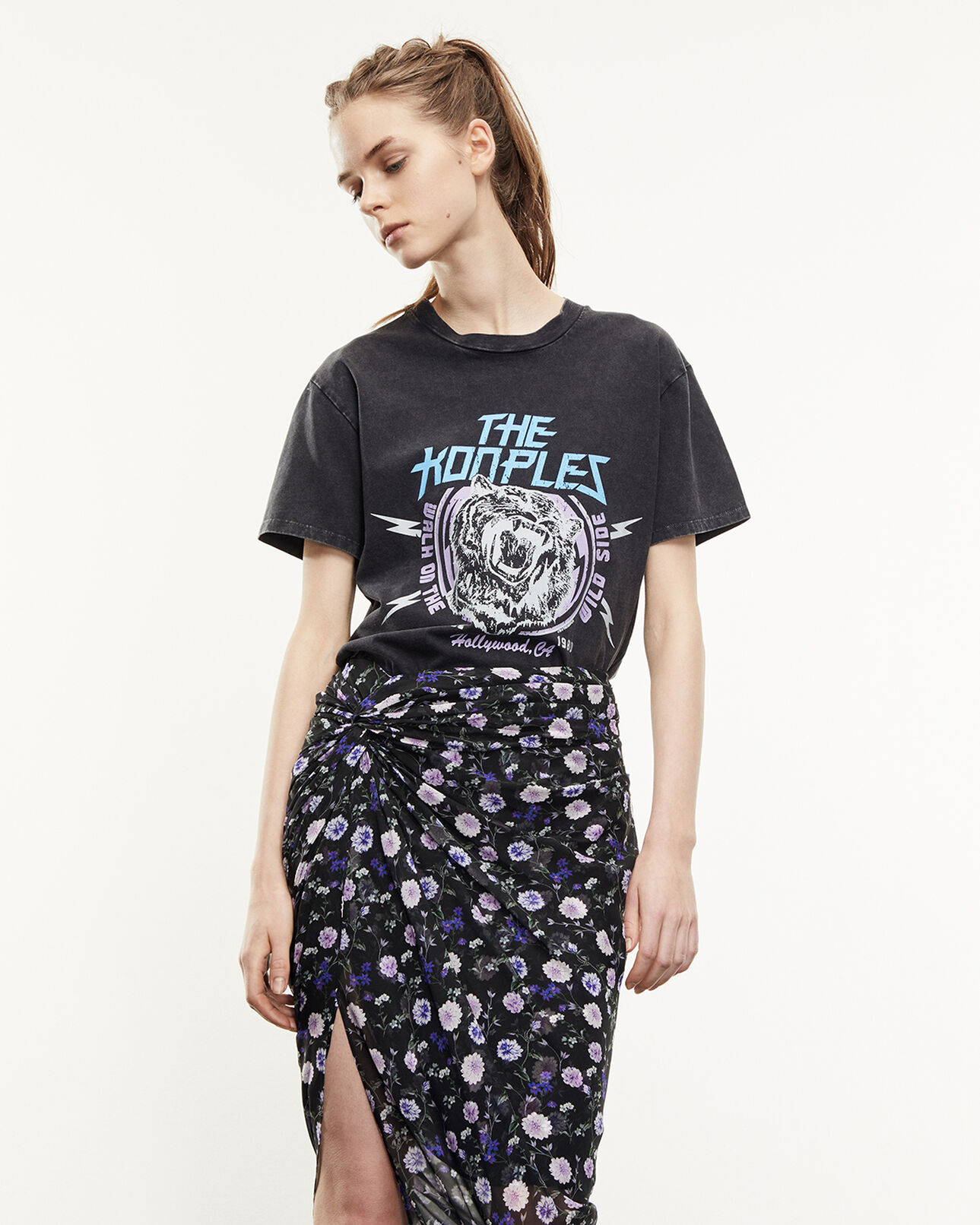 The Kooples MUJER BLACK WASHED camiseta negra algodón estampado tigre