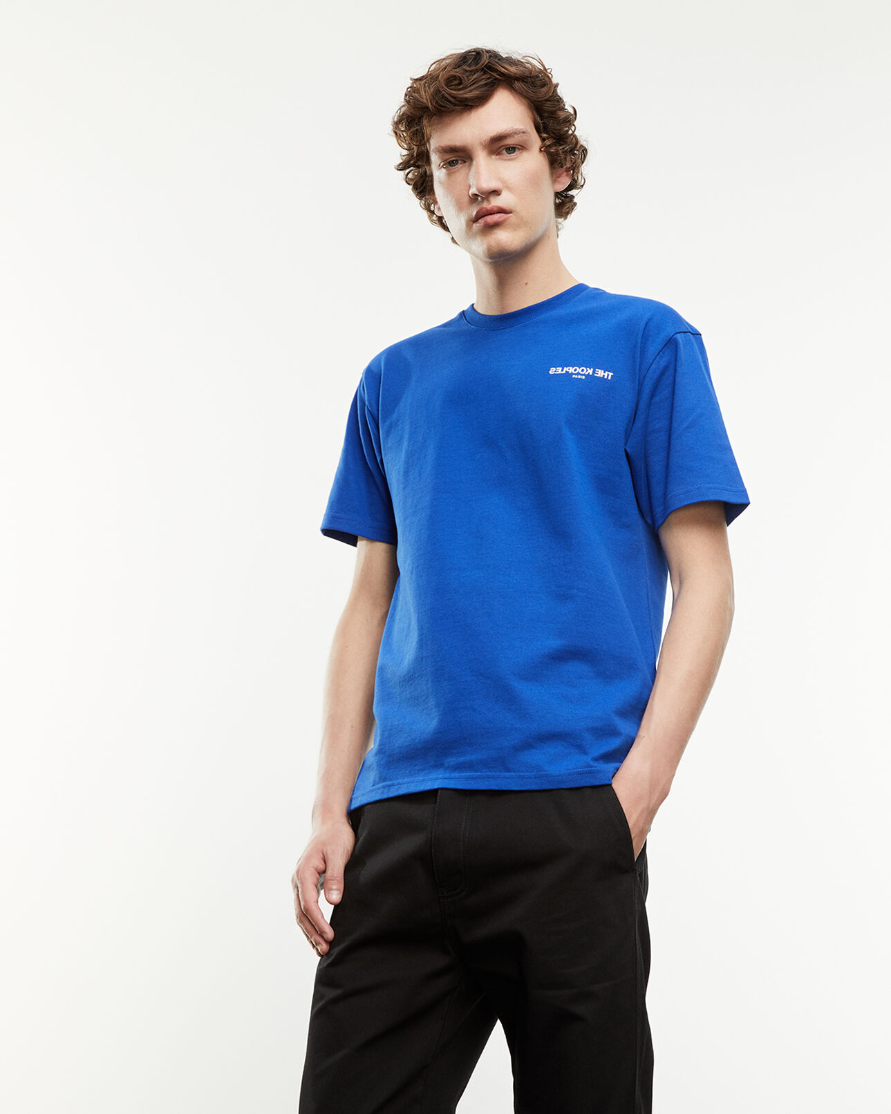 The Kooples MEN ELECTRIC BLUE blue cotton t-shirt with inverted logo