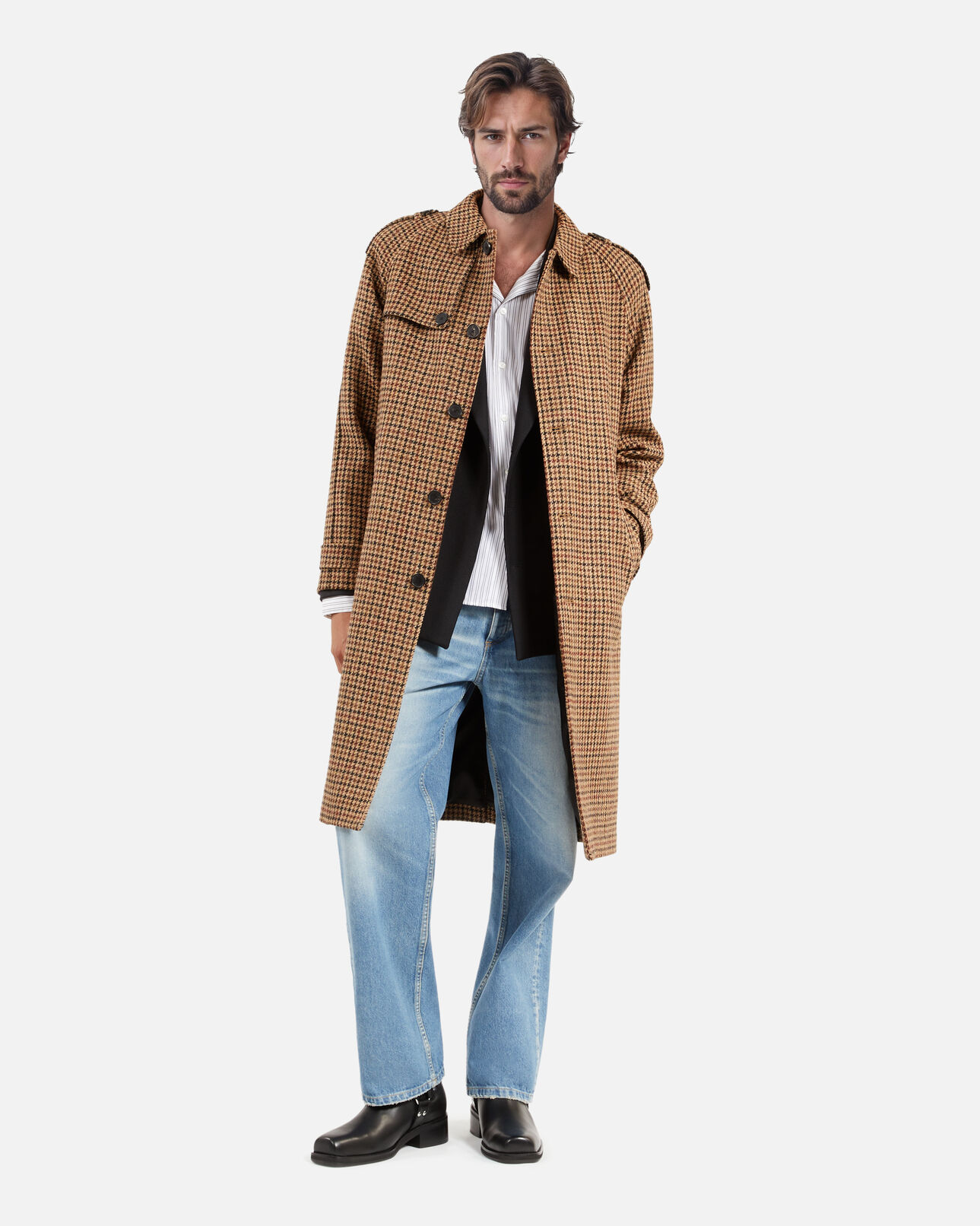 The Kooples HOMME BROWN manteau long en laine à pied de poule marron the kooples x harris tweed