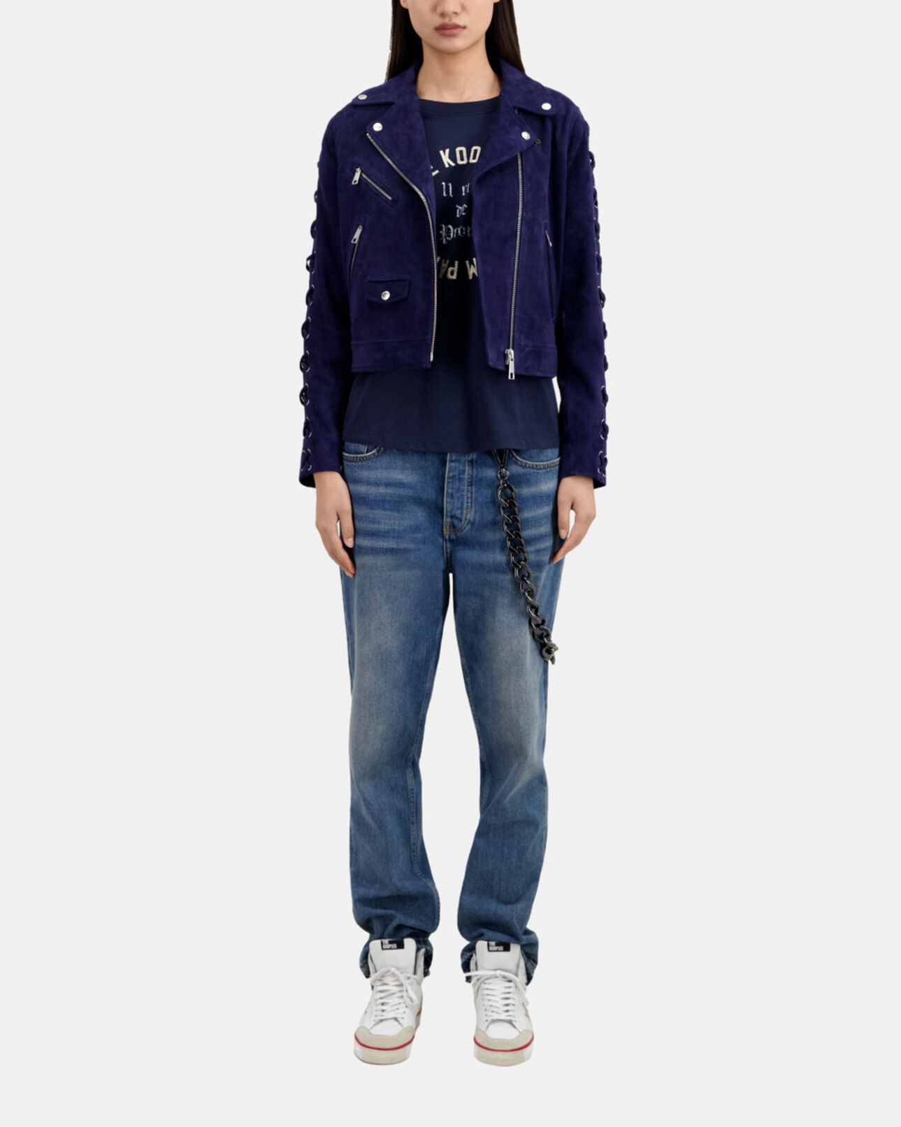 The Kooples WOMEN DARK BLUE navy blue suede leather biker jacket