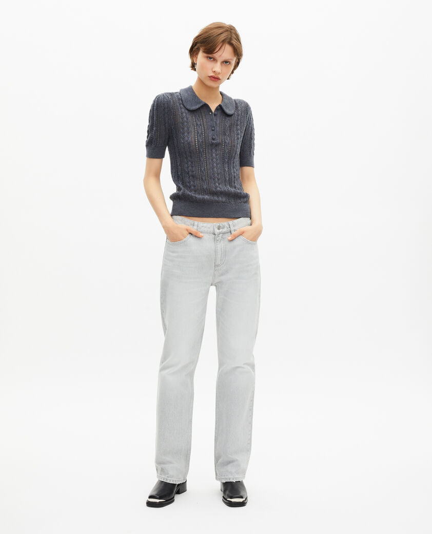 The Kooples DAMEN ANTHRACITE kurz&auml;rmeliger pullover aus grauer merinowolle