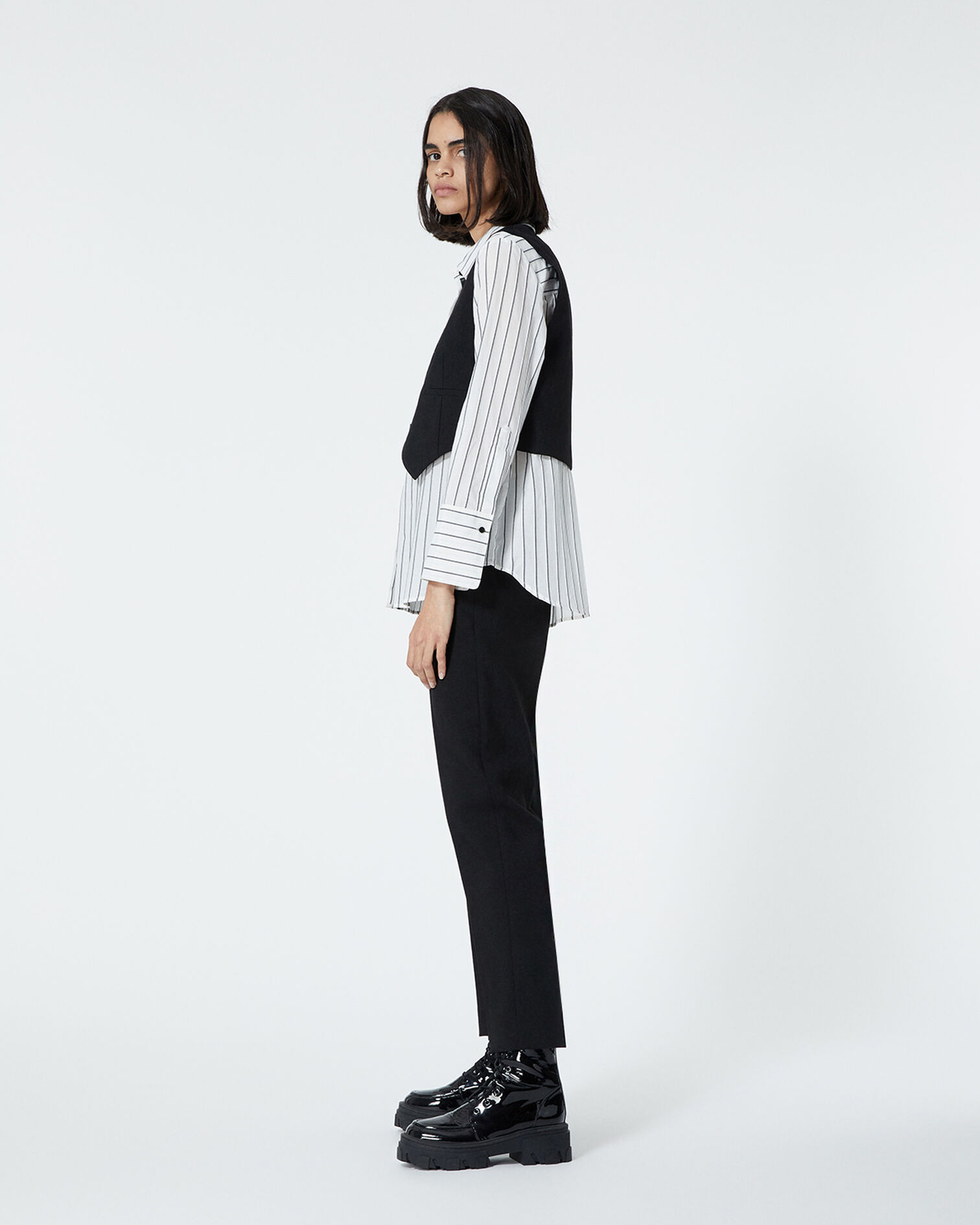 Schwarze Anzugweste aus Leder mit Lederdetail, BLACK, hi-res image number null