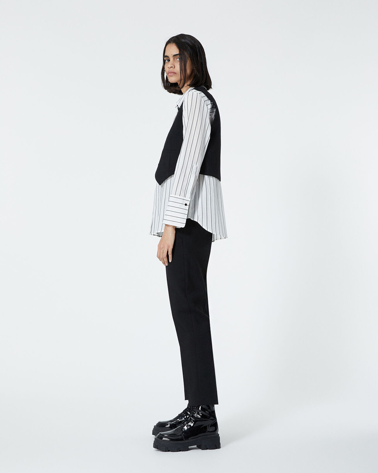 The Kooples DAMEN BLACK schwarze anzugweste aus leder mit lederdetail