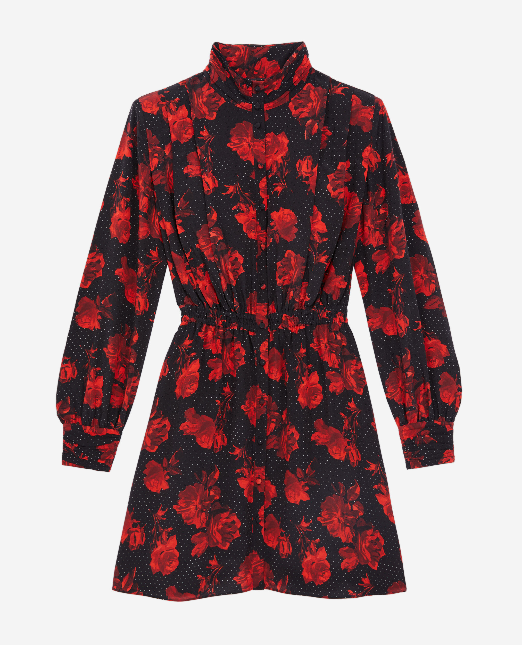 Kurzes Hemdkleid aus Seide mit Print, BLACK - RED, hi-res image number null