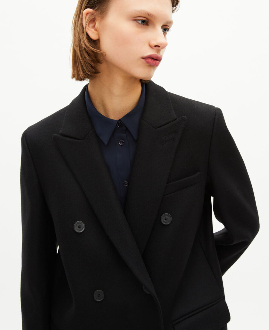 The Kooples FEMME BLACK manteau long crois&eacute; en laine noir