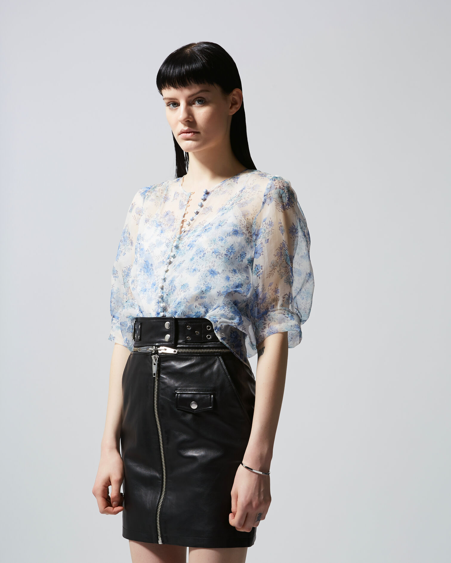 See-through fitted floral top with buttons, LIGHT BLUE, hi-res image number null