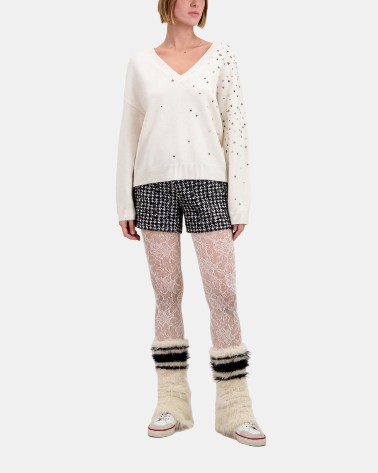 The Kooples DAMEN ECRU ecrufarbener pullover mit sternenmotiv