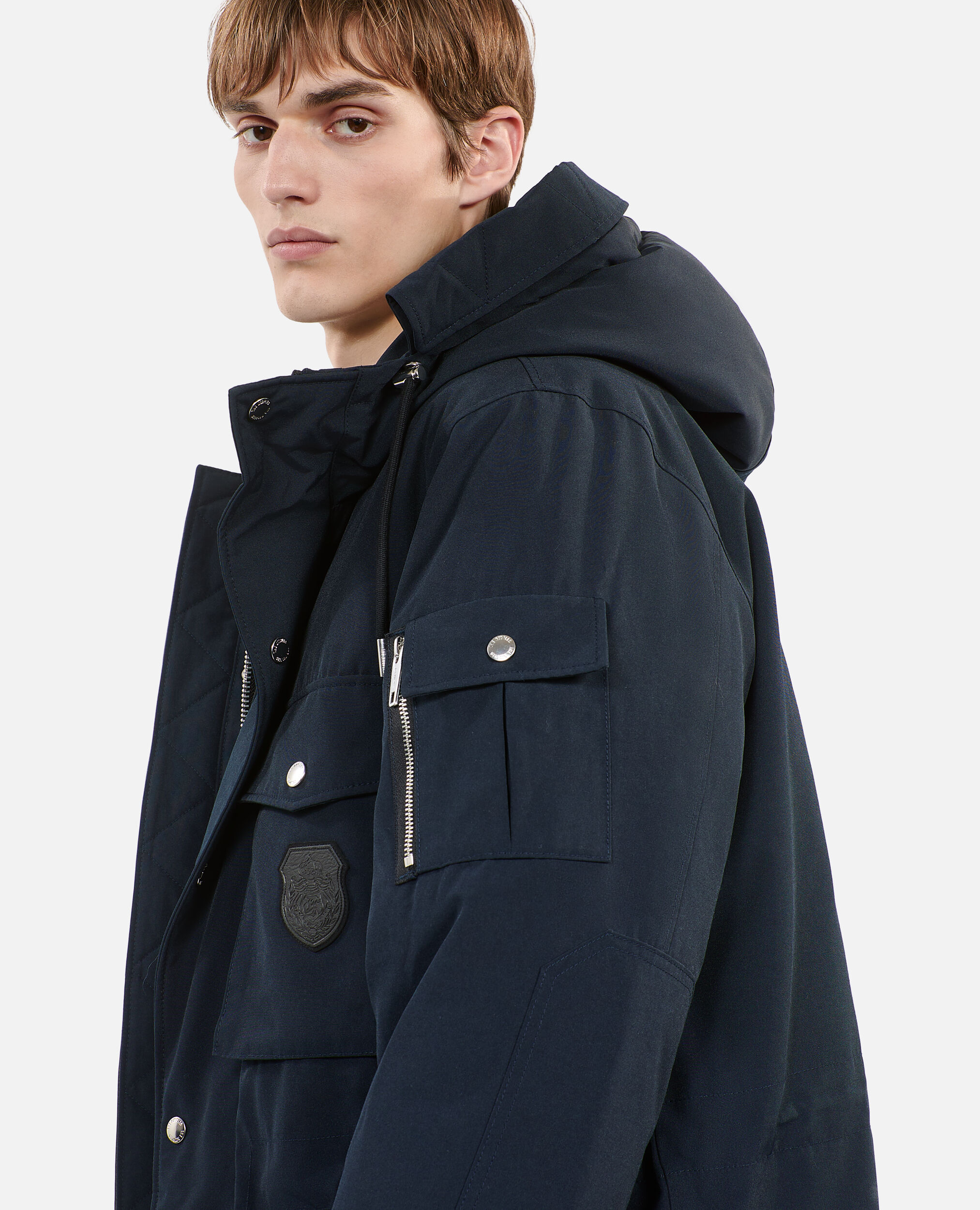 Navy blue hooded parka