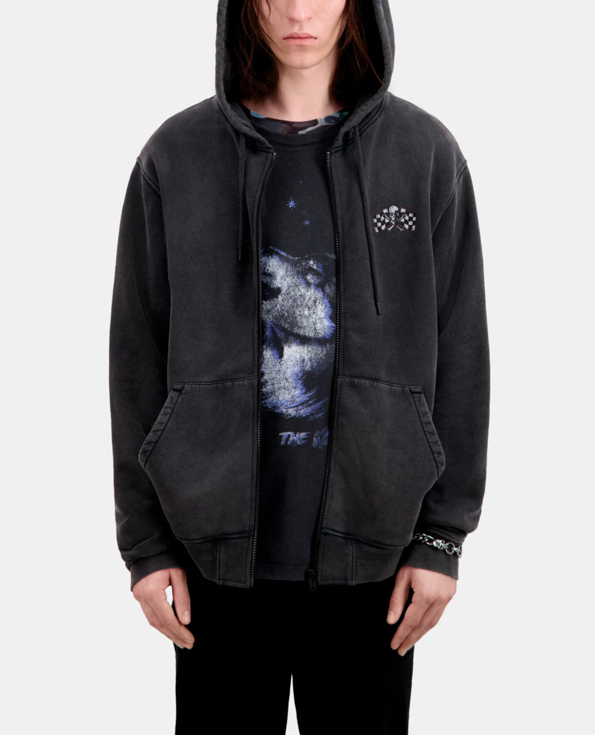 Men's Black hoodie with Racing skull serigraphy, BLACK WASHED, hi-res image number null