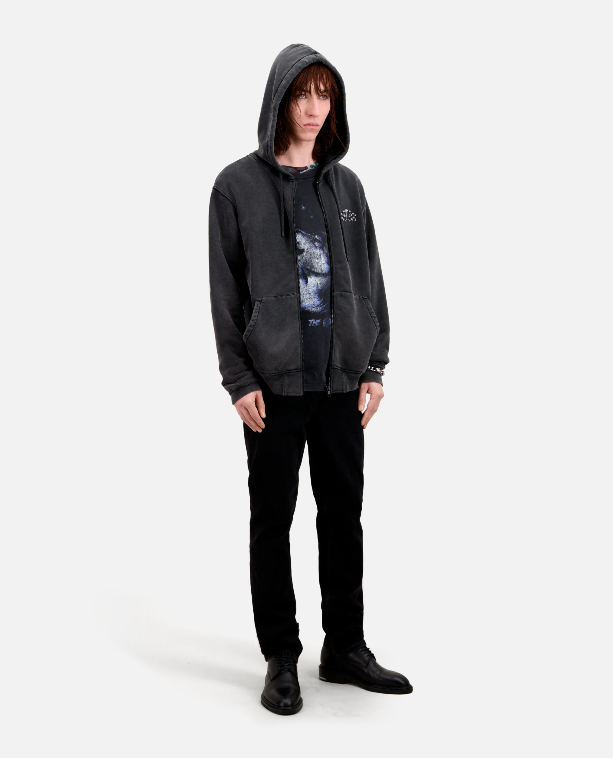 Men's Black hoodie with Racing skull serigraphy, BLACK WASHED, hi-res image number null