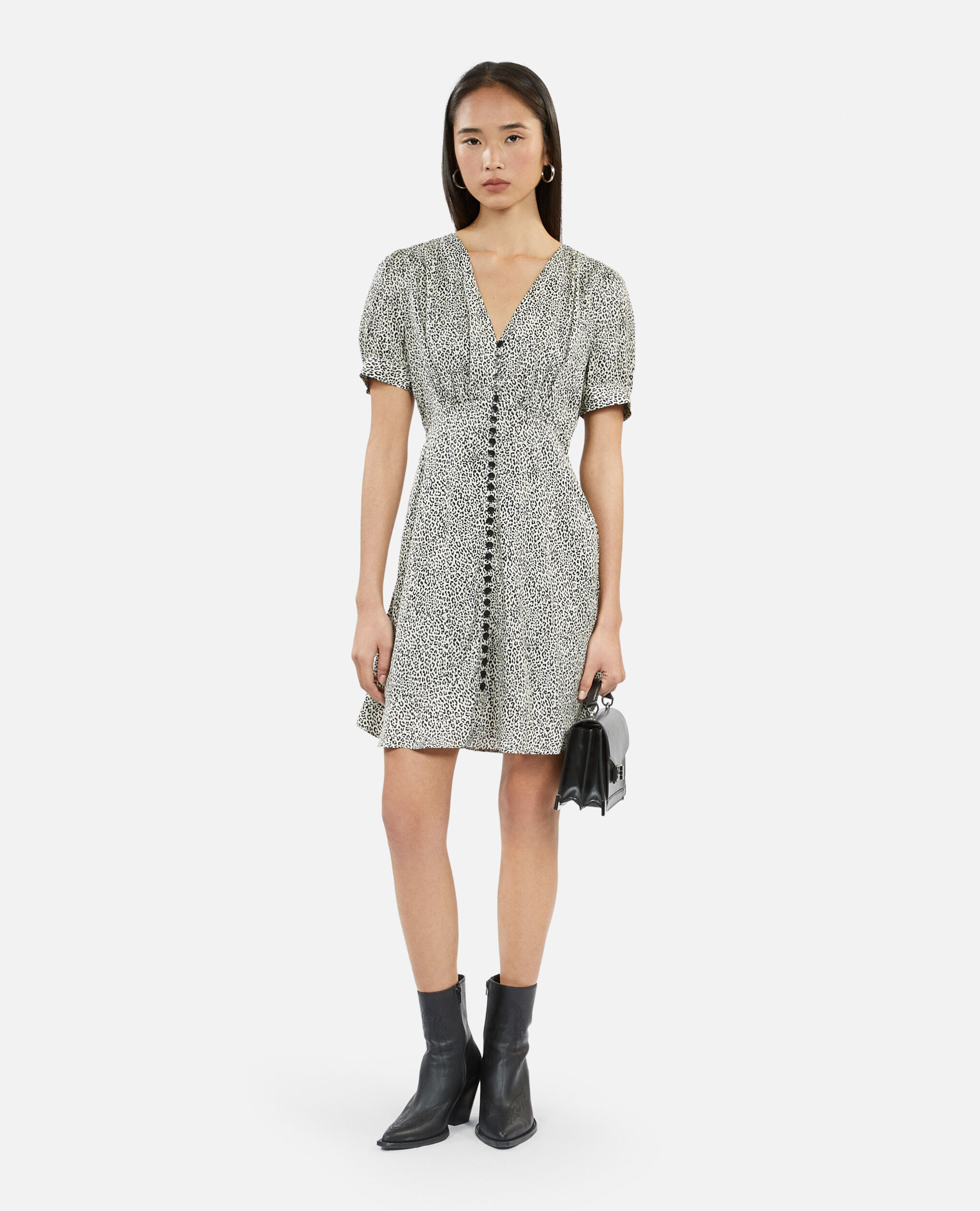 Kurzes Kleid mit Print und Knopfverschluss, BLACK WHITE, hi-res image number null
