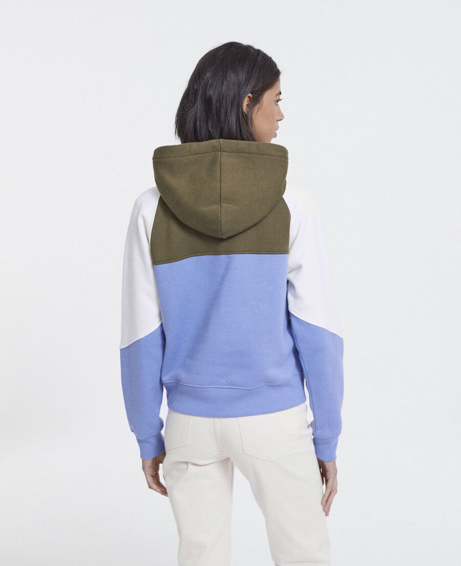 hooded blue and khaki sweatshirt with logo on chest