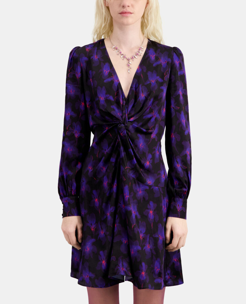 The Kooples FEMME BLACK /LIGHT PINK / BLUE robe courte fleurie avec drapé