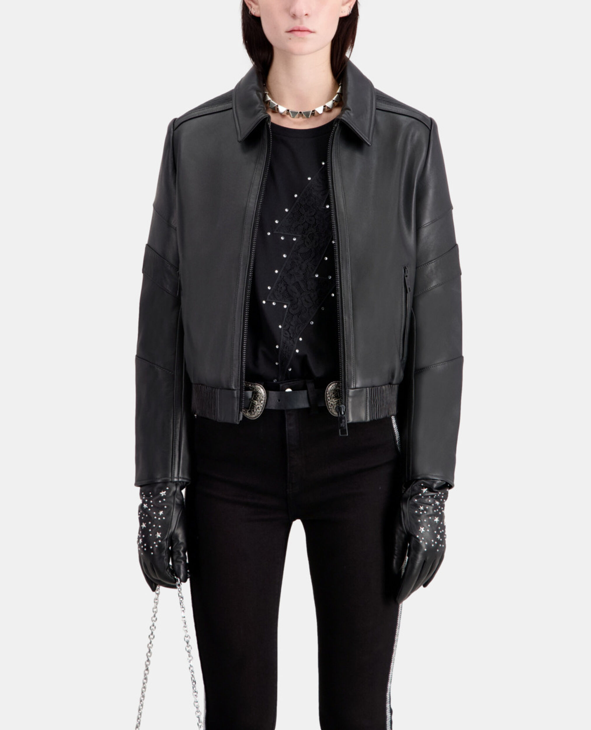 Black leather biker jacket, BLACK, hi-res image number null