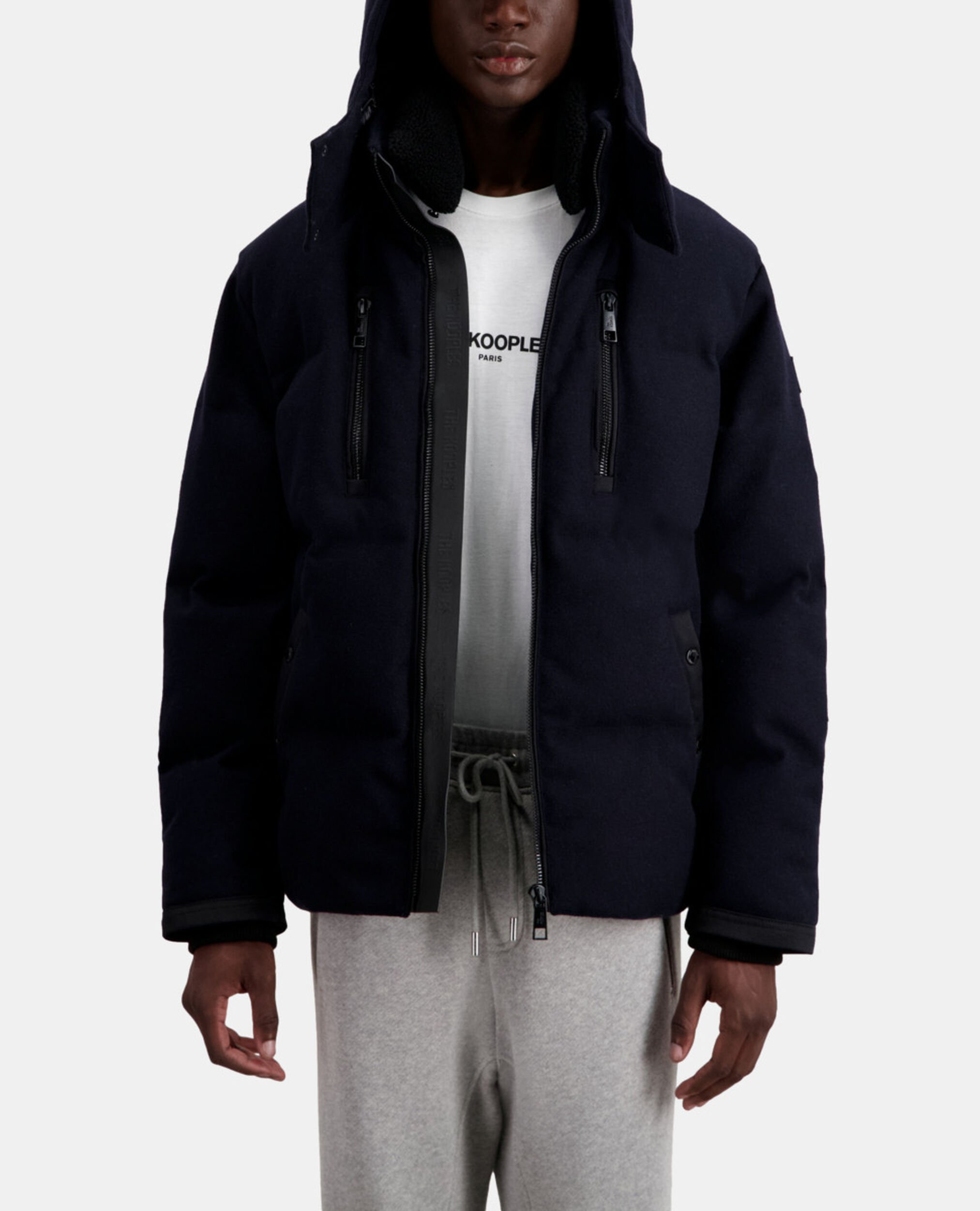 Navy blue flannel puffer jacket, NAVY, hi-res image number null