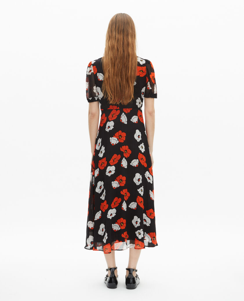 The Kooples FEMME BLACK RED OFF WHITE robe longue imprim&eacute; fleuri noire