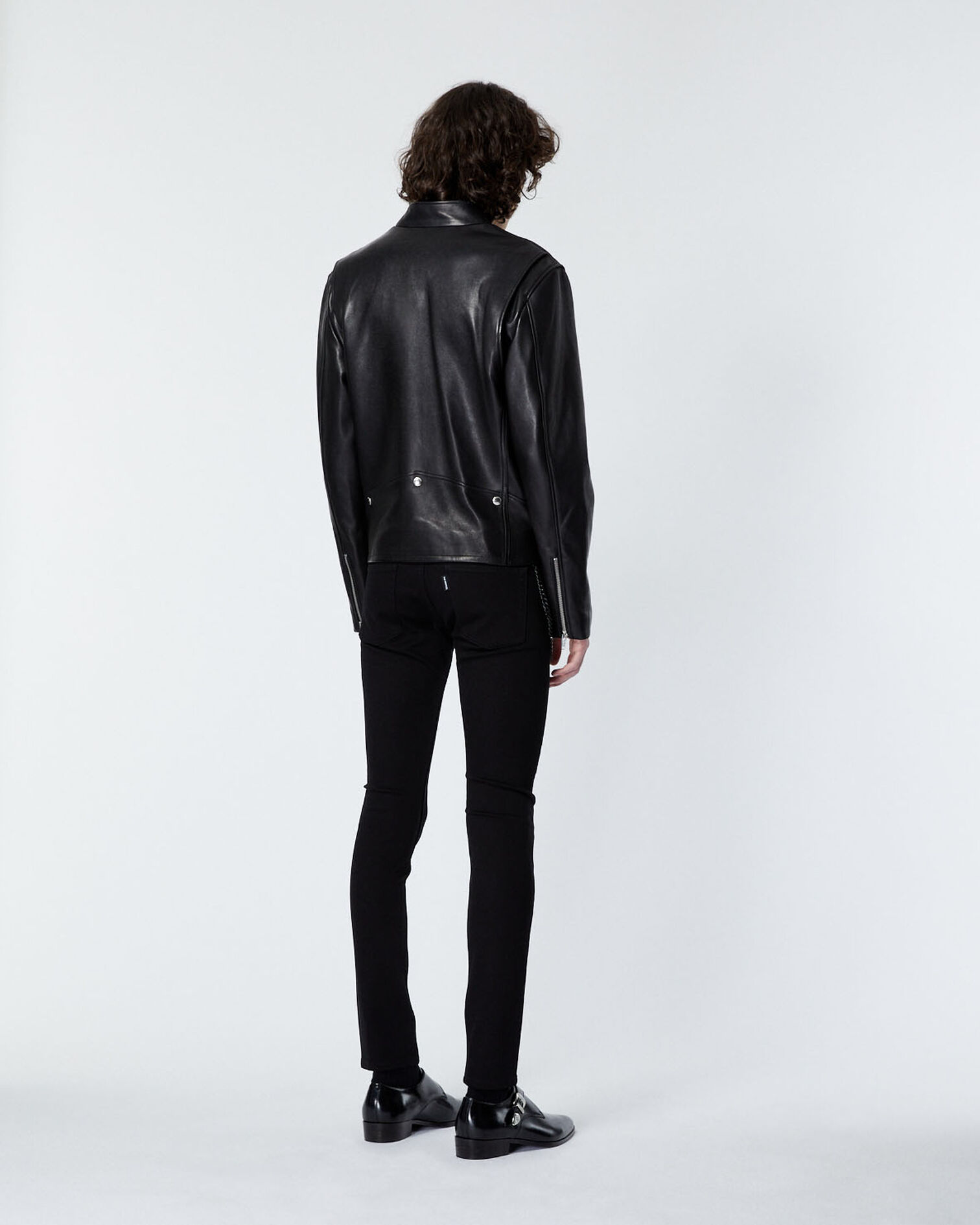 Black leather jacket with biker collar, BLACK, hi-res image number null