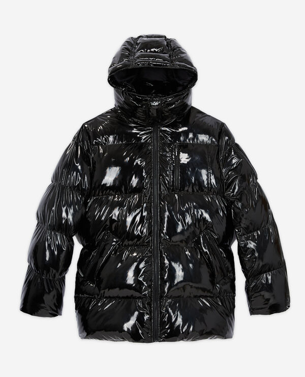 black oversized vinyl down jacket
