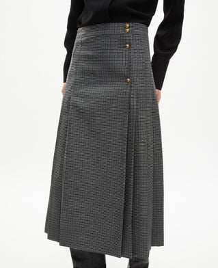 The Kooples FEMME LIGHT GREY MEL/WHITE jupe longue portefeuille en pied de puce noir et gris