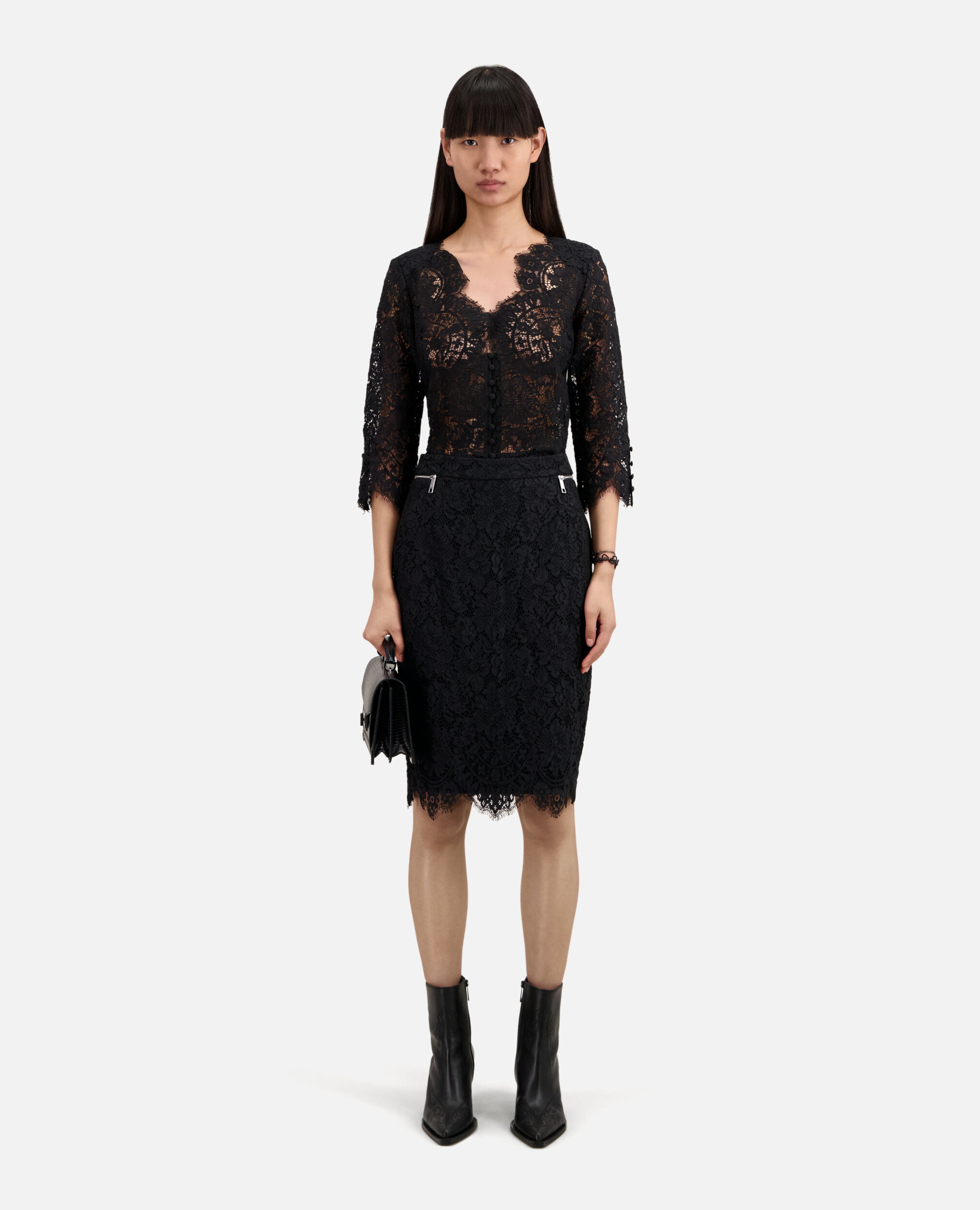 Black lace mid-length pencil skirt, BLACK, hi-res image number null