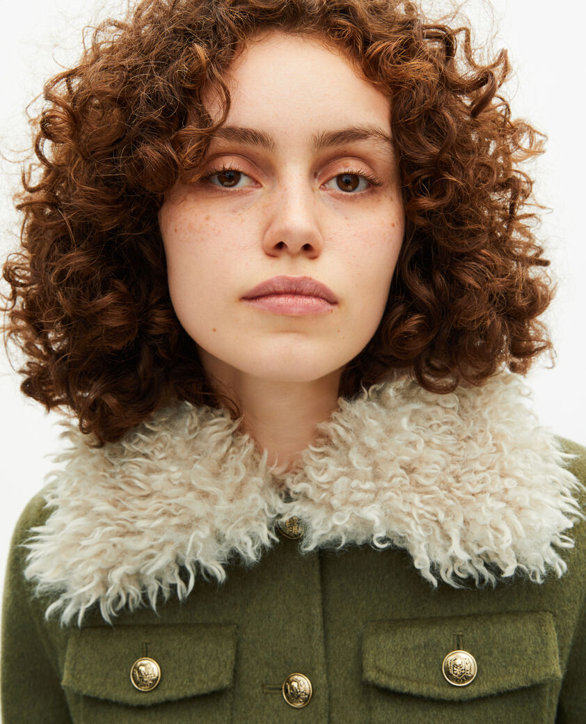 The Kooples F KAKI short wool jacket with khaki sherpa collar