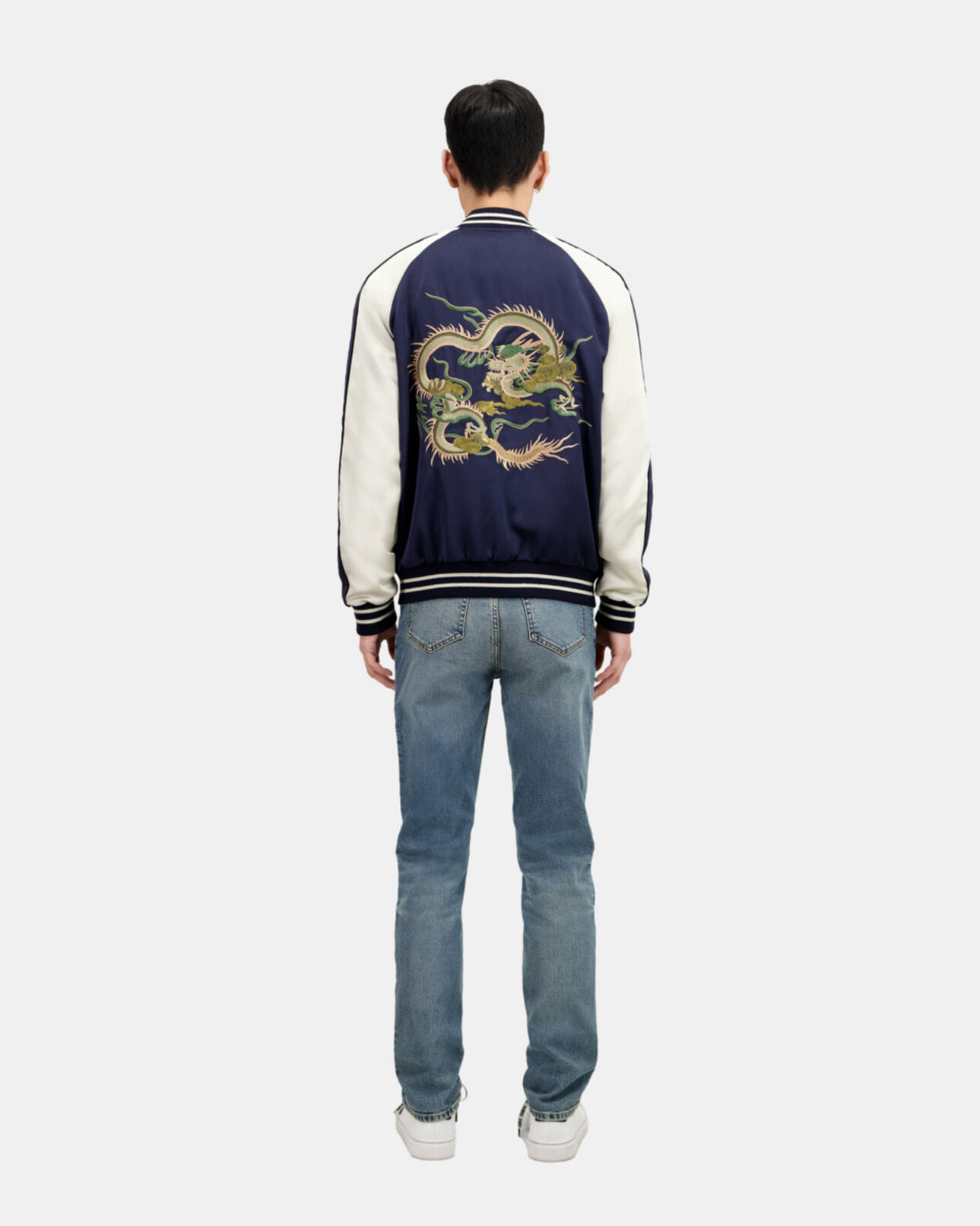 The Kooples MEN NAVY navy blue satin jacket with dragon embroidery
