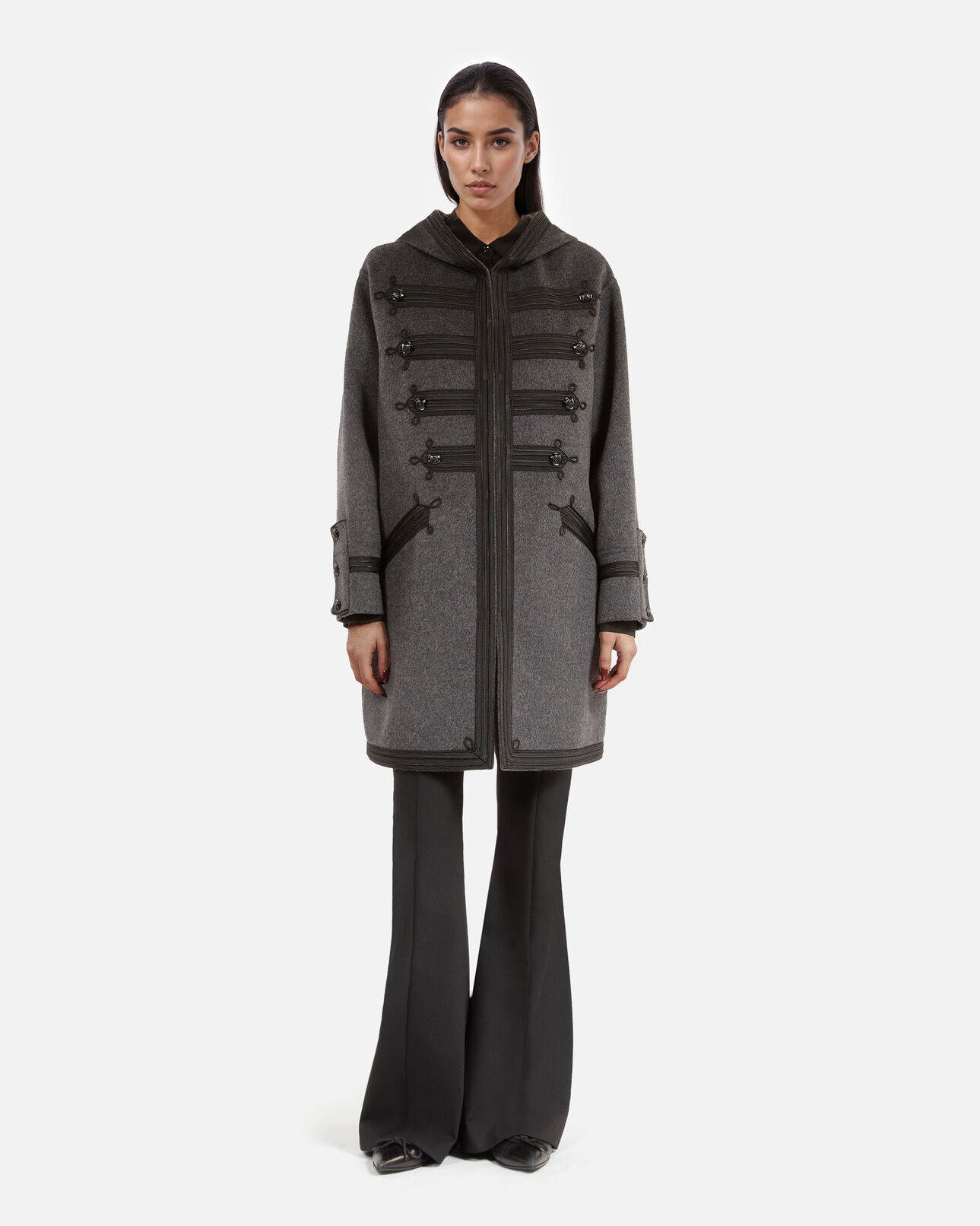 The Kooples WOMEN PETROL GREY long hooded pea jacket in grey wool