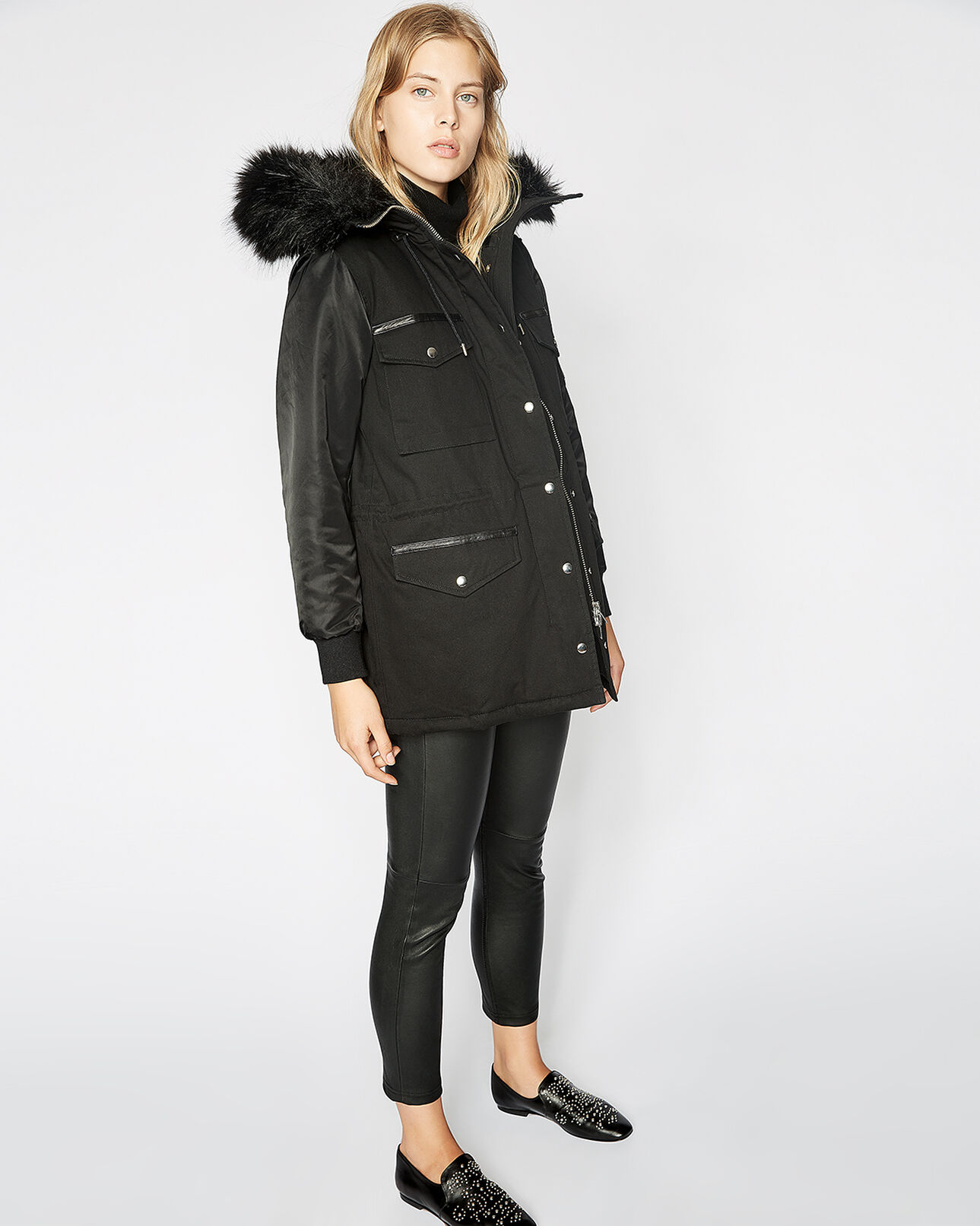 The Kooples FEMME BLACK parka noire bi-matière